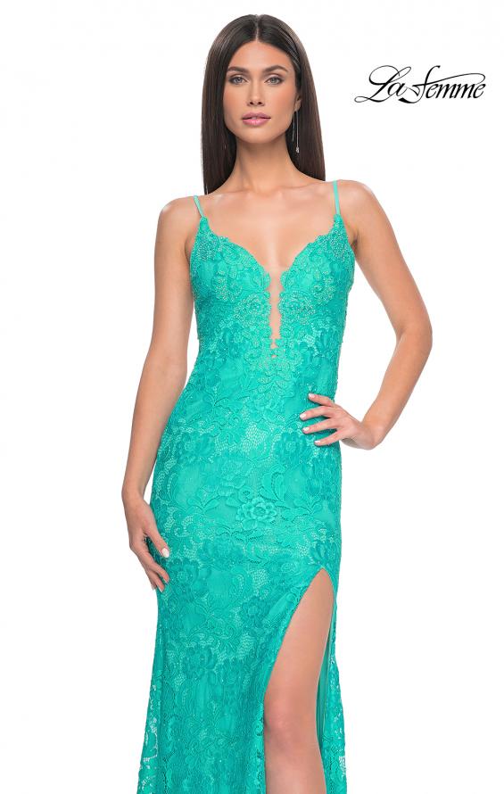 Picture of: Lace Dress with Deep V-Neck and Rhinestones in Aqua, Style: 31134, Detail Picture 9