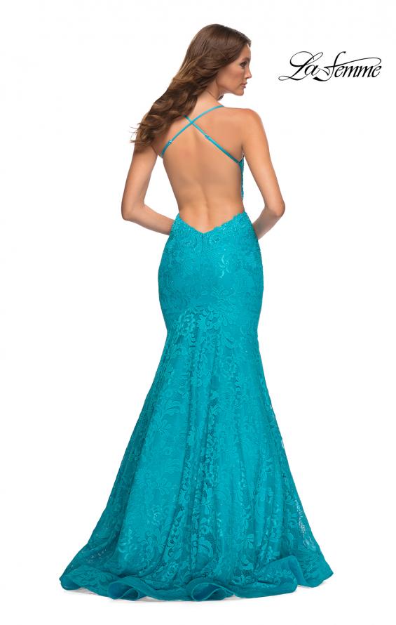 Picture of: Bright Mermaid Lace Gown with Sheer Bodice and Open Back in Blue, Style: 30612, Back Picture