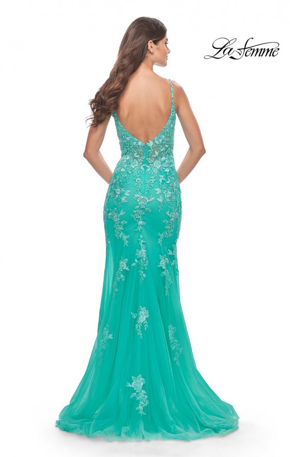 Picture of: Lace Long Dress with High Side Slit and V Neckline in Aqua, Style: 31125, Back Picture