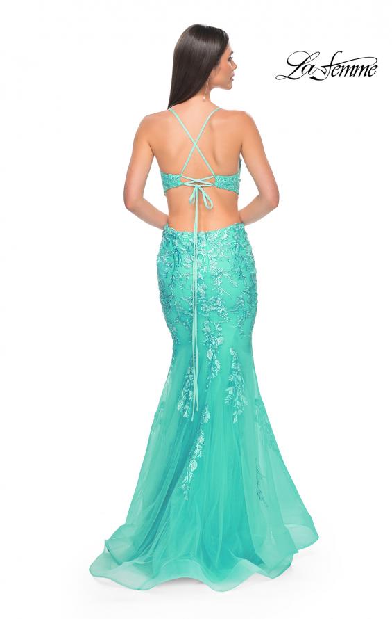 Picture of: Lace and Tulle Mermaid Gown with Side Cut Outs in Aqua, Style: 31133, Back Picture
