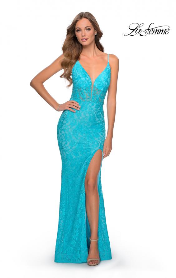 Picture of: Floor Length Lace Prom Dress with Sheer Bodice in Aqua, Style: 28591, Detail Picture 1