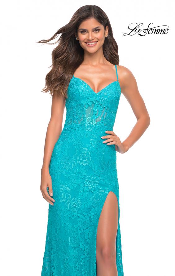 Picture of: Neon Lace Prom Gown With Sheer Bodice and Tie Up Back in Aqua, Detail Picture 1
