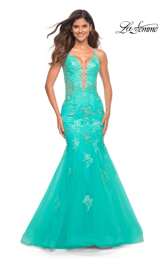Picture of: Tulle and Lace Mermaid Gown in Aqua in Aqua, Detail Picture 1