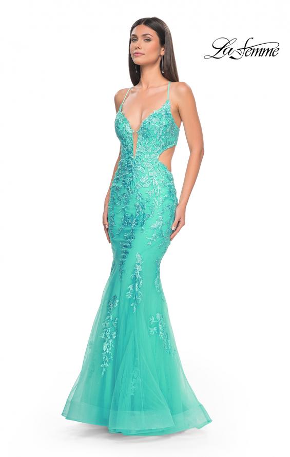 Picture of: Lace and Tulle Mermaid Gown with Side Cut Outs in Aqua, Style: 31133, Detail Picture 1