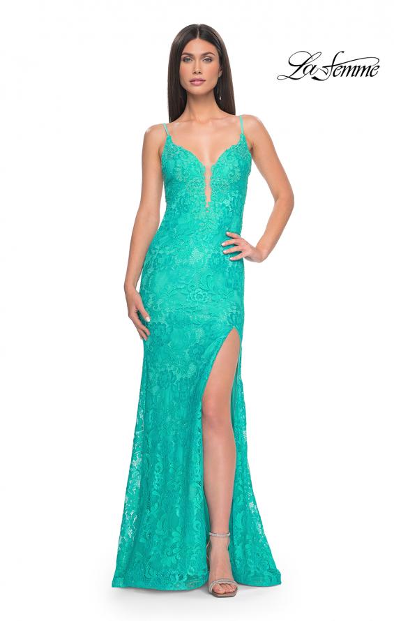Picture of: Lace Dress with Deep V-Neck and Rhinestones in Aqua, Style: 31134, Detail Picture 1