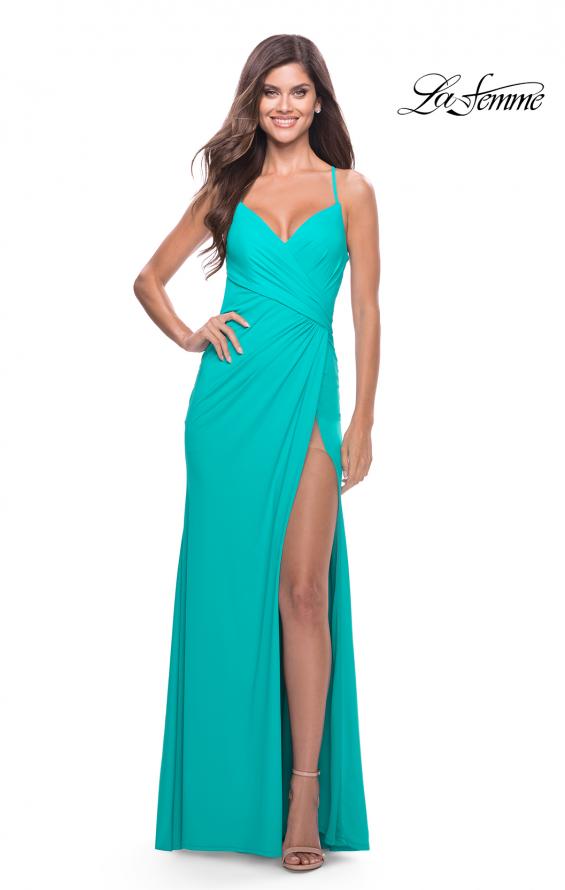 Picture of: Long Jersey Versatile Dress with Ruched Zipper in Aqua, Style: 31331, Detail Picture 1