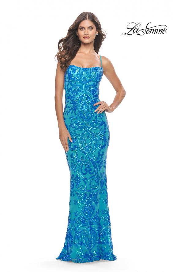 Picture of: Print Sequin Gown with Square Neckline in Aqua, Style: 31521, Detail Picture 1