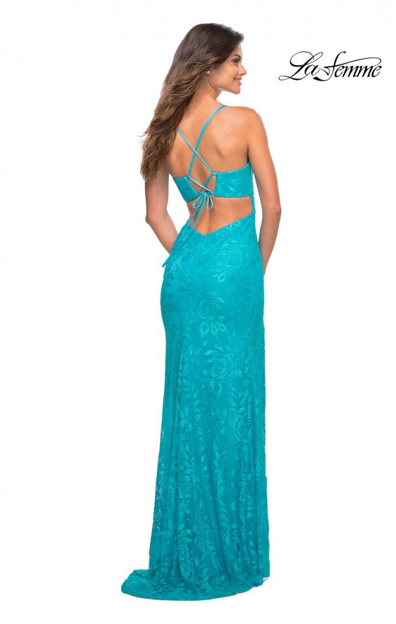 Picture of: Bright Stretch Lace Prom Dress with Deep V Neckline in Aqua, Detail Picture 2