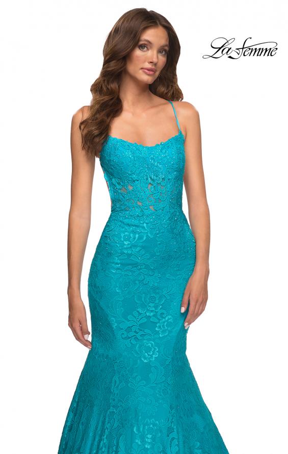 Picture of: Bright Mermaid Lace Gown with Sheer Bodice and Open Back in Blue, Style: 30612, Detail Picture 2