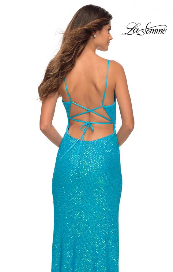 Picture of: Open Back Warp Style Sequin Dress in Bright Colors in Aqua, Detail Picture 2