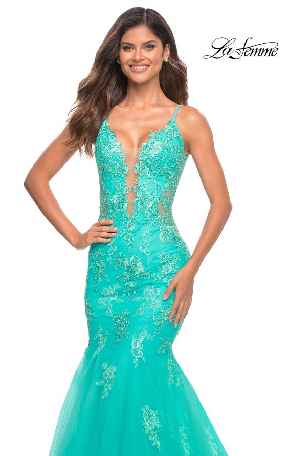 Picture of: Tulle and Lace Mermaid Gown in Aqua in Aqua, Detail Picture 2