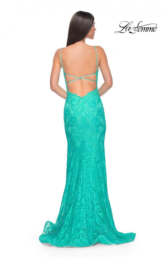 Picture of: Lace Dress with Deep V-Neck and Rhinestones in Aqua, Style: 31134, Detail Picture 2