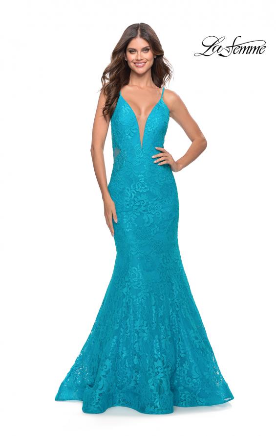 Picture of: Long Mermaid Lace Dress with Back Rhinestone Detail in Aqua, Style: 31512, Detail Picture 2