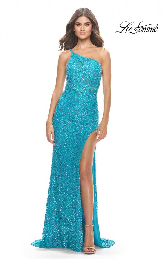 Picture of: Beaded Lace One Shoulder Dress with Unique Lace Up Back in Aqua, Style: 31515, Detail Picture 2