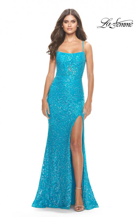 Picture of: Beaded Lace Dress with Illusion Bodice and Square Neckline in Aqua, Style: 31526, Detail Picture 2