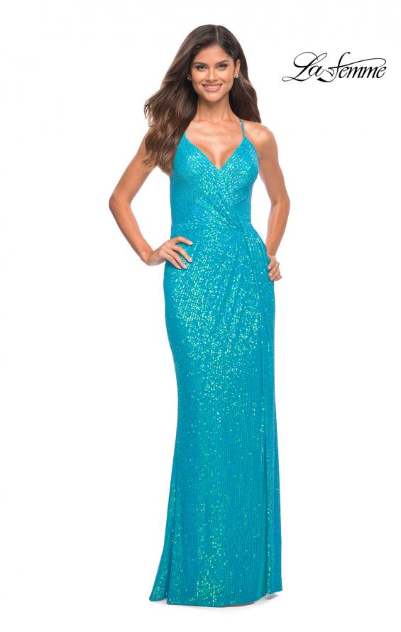 Picture of: Bright Draped Slit Long Sequin Gown with Lace Up Back in Aqua, Detail Picture 3