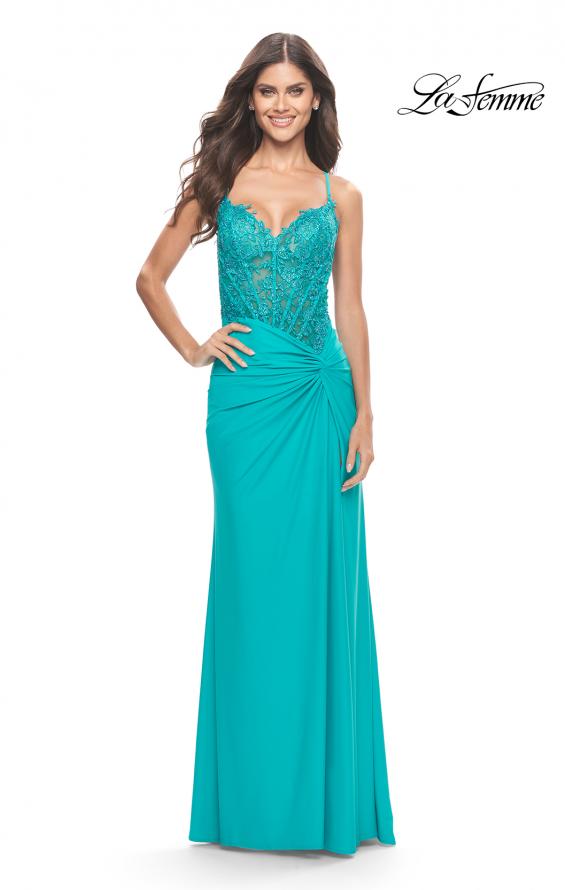 Picture of: Lace Asymmetrical Gown with Jersey Skirt and Twist Knot Detail in Neon in Aqua, Style: 31447, Detail Picture 3