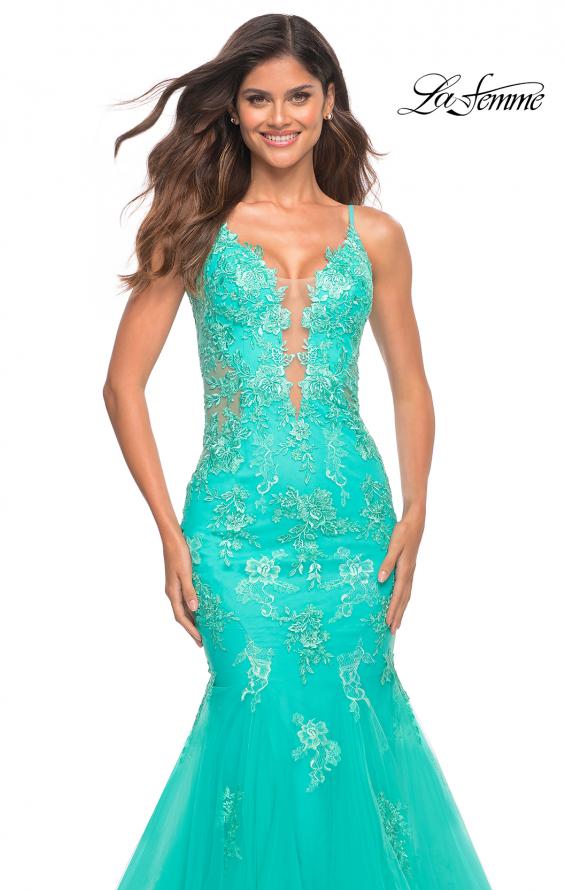 Picture of: Tulle and Lace Mermaid Gown in Aqua in Aqua, Detail Picture 4