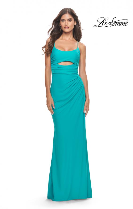 Picture of: Cut Out Soft Jersey Dress with Lace Up Back in Aqua, Style: 31264, Detail Picture 4