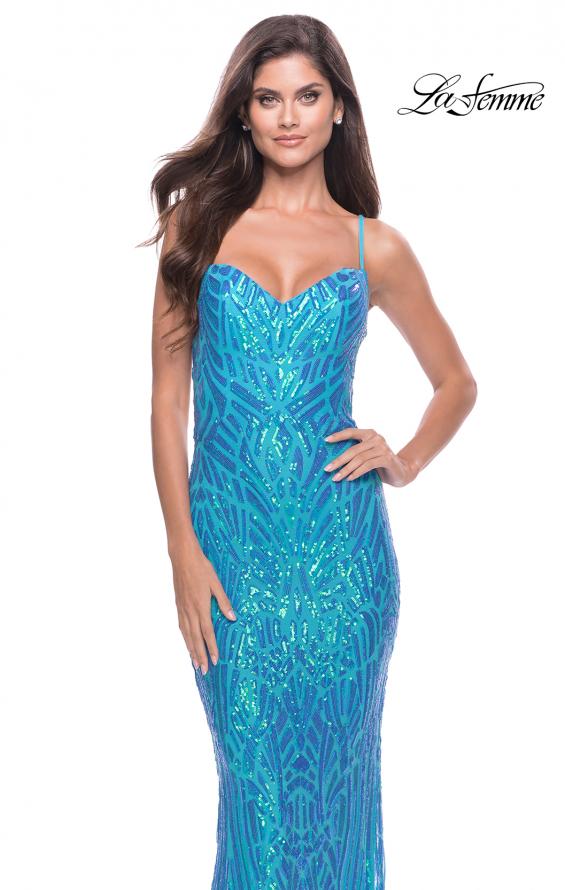Picture of: Gorgeous Print Sequin Dress with Lace Up Back in Aqua, Style: 31390, Detail Picture 4