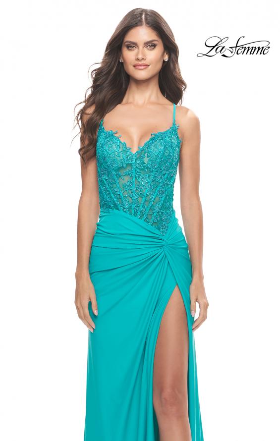 Picture of: Lace Asymmetrical Gown with Jersey Skirt and Twist Knot Detail in Neon in Aqua, Style: 31447, Detail Picture 4