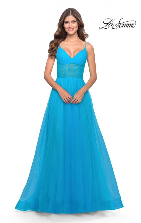 Picture of: Tulle A-line Prom Dress with Corset Sheer Bodice in Aqua, Style: 31502, Detail Picture 4