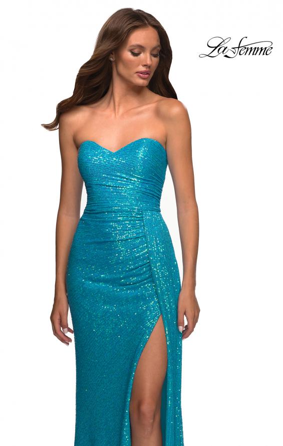 Picture of: Strapless Sequin Gown with Draped Slit in Aqua, Detail Picture 5