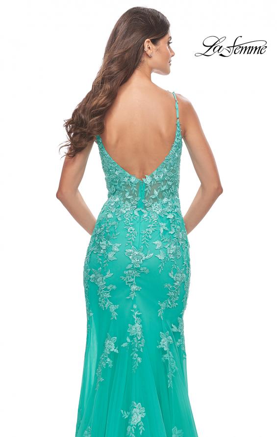 Picture of: Lace Long Dress with High Side Slit and V Neckline in Aqua, Style: 31125, Detail Picture 5