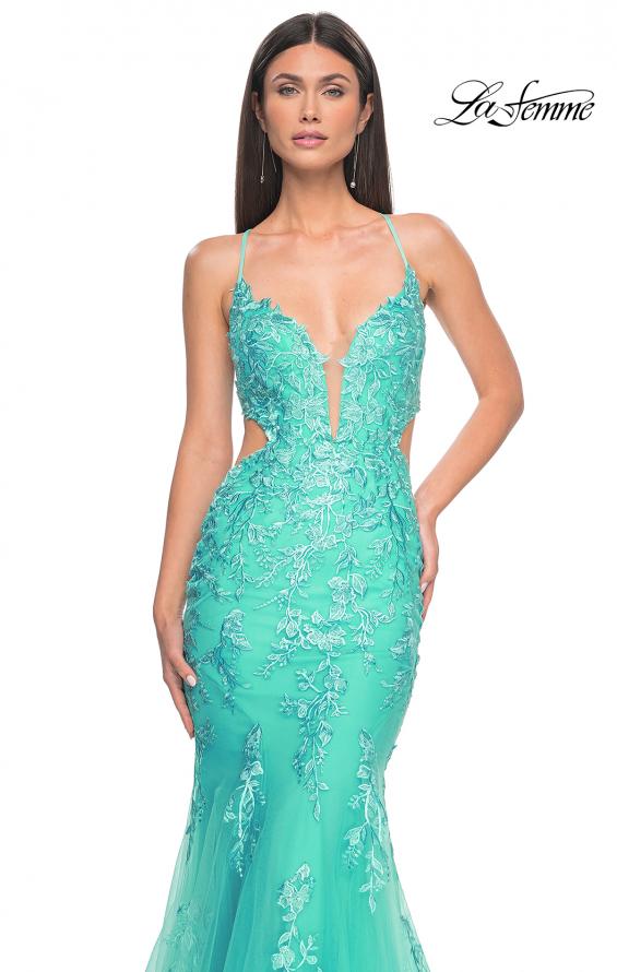 Picture of: Lace and Tulle Mermaid Gown with Side Cut Outs in Aqua, Style: 31133, Detail Picture 5