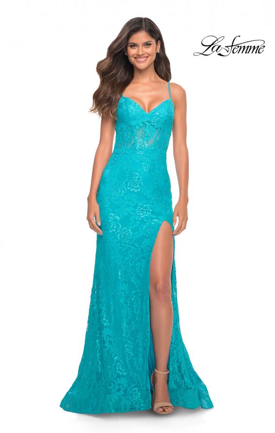 Picture of: Neon Lace Prom Gown With Sheer Bodice and Tie Up Back in Aqua, Detail Picture 6