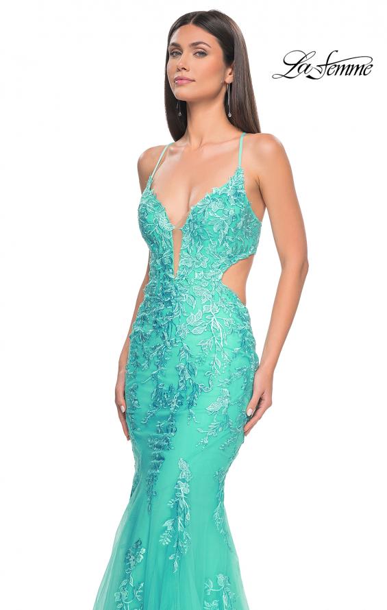 Picture of: Lace and Tulle Mermaid Gown with Side Cut Outs in Aqua, Style: 31133, Detail Picture 6