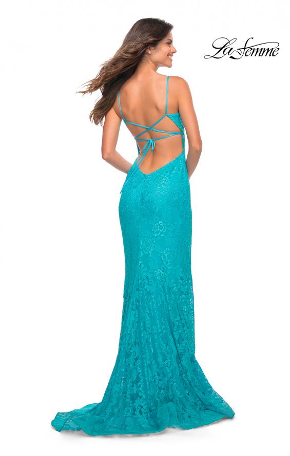 Picture of: Neon Lace Prom Gown With Sheer Bodice and Tie Up Back in Aqua, Detail Picture 7