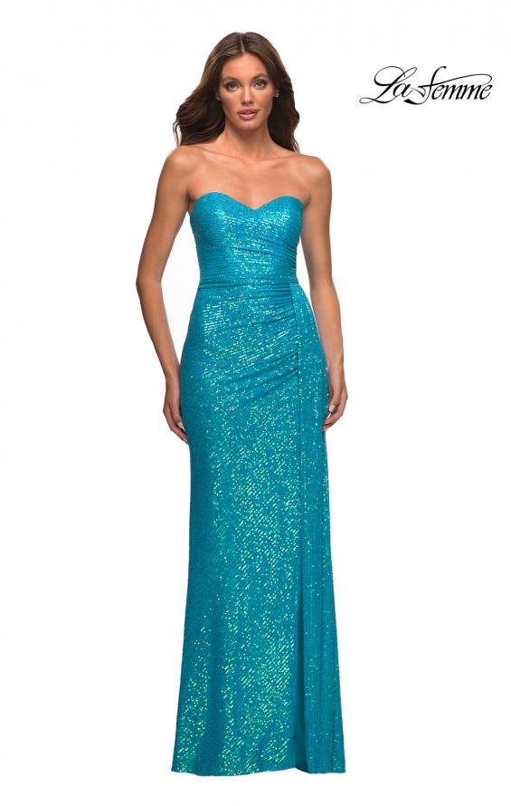 Picture of: Strapless Sequin Gown with Draped Slit in Blue, Style: 30497, Detail Picture 7