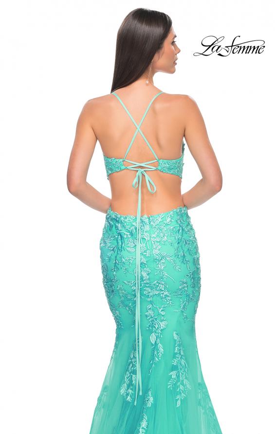 Picture of: Lace and Tulle Mermaid Gown with Side Cut Outs in Aqua, Style: 31133, Detail Picture 7