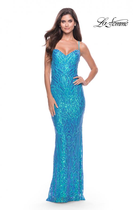 Picture of: Gorgeous Print Sequin Dress with Lace Up Back in Aqua, Style: 31390, Detail Picture 7