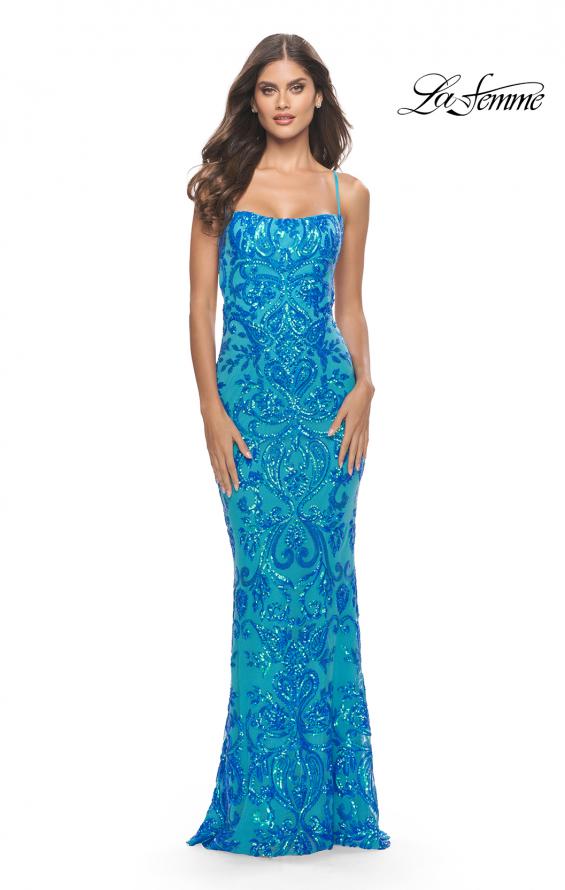 Picture of: Print Sequin Gown with Square Neckline in Aqua, Style: 31521, Detail Picture 7