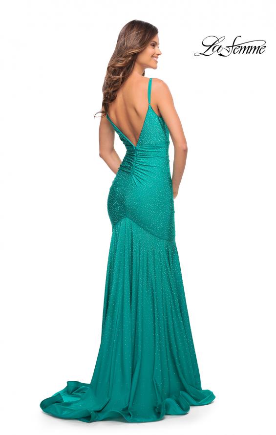 Picture of: Dramatic Jersey Rhinestone Gown with Train in Aquamarine, Style: 30768, Back Picture