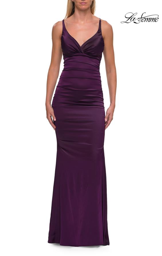 Picture of: Satin Fitted Gown with Strappy Open Back in Aubergine, Style: 33611, Detail Picture 12