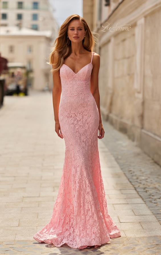 Pink Picture of: Lace Fitted Gown with Sheer Back and Spaghetti Straps in Baby Pink, Style: 33452, Main Picture