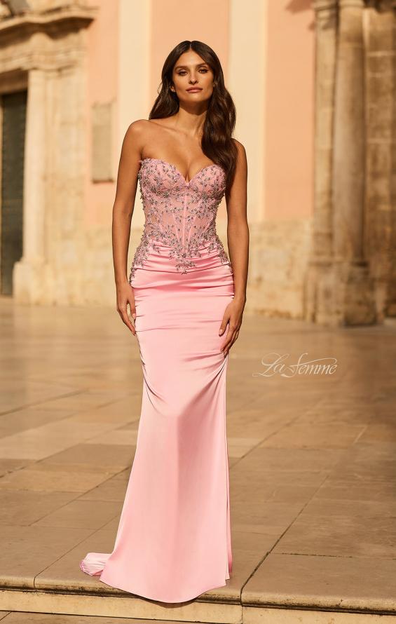 Pink Picture of: Strapless Beaded Corset Gown with Ruching and Lace-Up Back in Baby Pink, Style: 33765, Main Picture