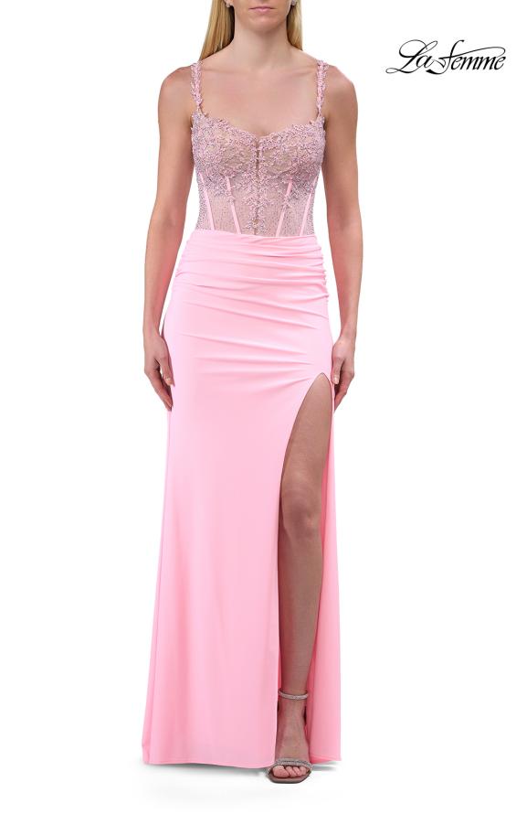 Picture of: Sheer Lace Corset Gown with High Slit and Lace-Up Back in Baby Pink, Style: 33808, Detail Picture 9