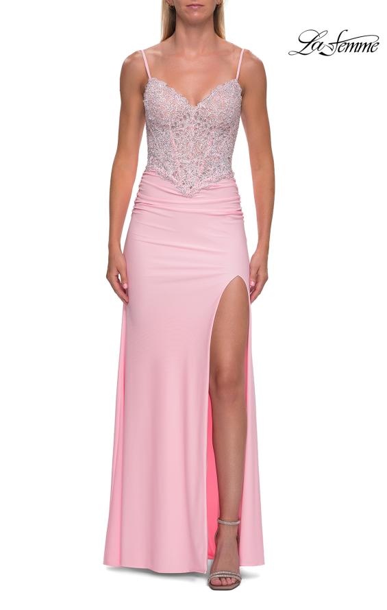 Pink Picture of: Rhinestone Lace Bodice Jersey Gown with Slit and Low Back in Baby Pink, Style: 33439, Detail Picture 10