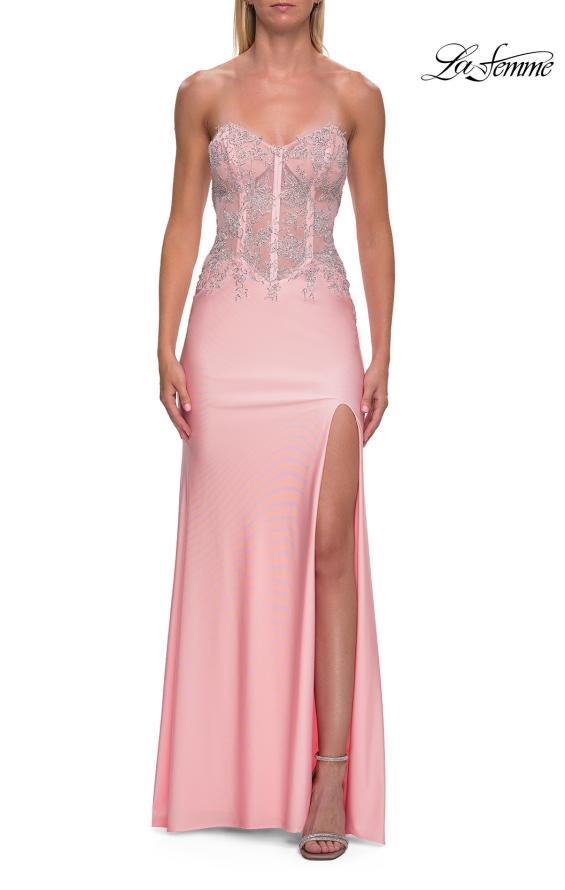 Pink Picture of: Strapless Sheer Lace Corset Gown with High Slit in Baby Pink, Style: 33398, Detail Picture 11