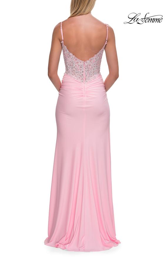Pink Picture of: Rhinestone Lace Bodice Jersey Gown with Slit and Low Back in Baby Pink, Style: 33439, Detail Picture 11