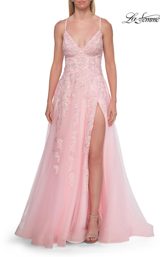 Pink Picture of: Beaded A-Line Tulle Gown with Slit and Open Tie Back in Baby Pink, Style: 33715, Detail Picture 14