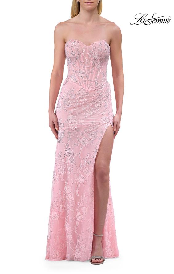 Picture of: Strapless Lace Corset Gown with Slit and Lace-Up Back in Baby Pink, Style: 33768, Detail Picture 14