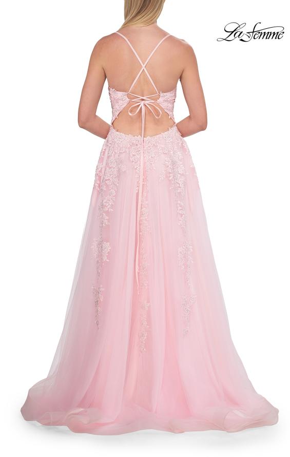 Pink Picture of: Beaded A-Line Tulle Gown with Slit and Open Tie Back in Baby Pink, Style: 33715, Detail Picture 15