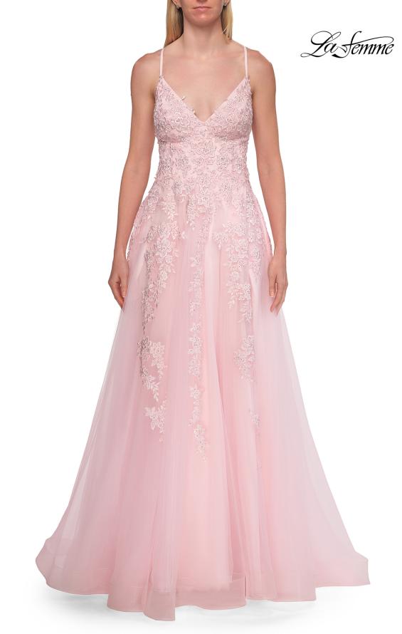 Pink Picture of: Beaded A-Line Tulle Gown with Slit and Open Tie Back in Baby Pink, Style: 33715, Detail Picture 16