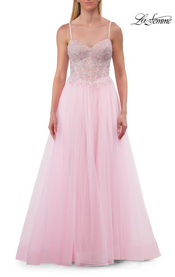 Picture of: Lace Corset Tulle Gown with High Slit and A-Line Skirt in Baby Pink, Style: 33436, Detail Picture 19