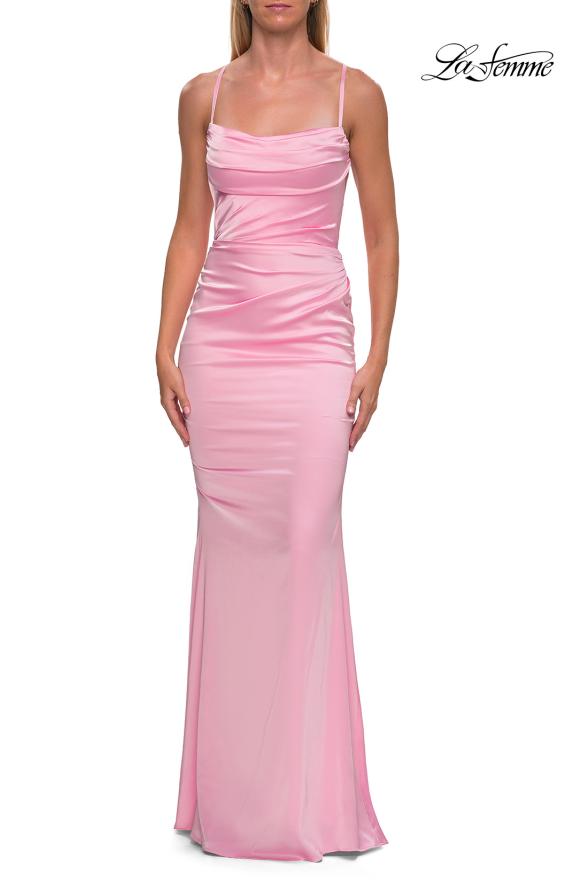 Picture of: Straight Neck Satin Gown with Lace-Up Back in Baby Pink, Style: 33604, Detail Picture 19